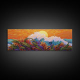 Sunset Wave, Colorful Spray, Ocean Burst, Warm Tones, Framed Canvas Print, surf-inspired bedroom art, coastal decor, tropical fall wall piece