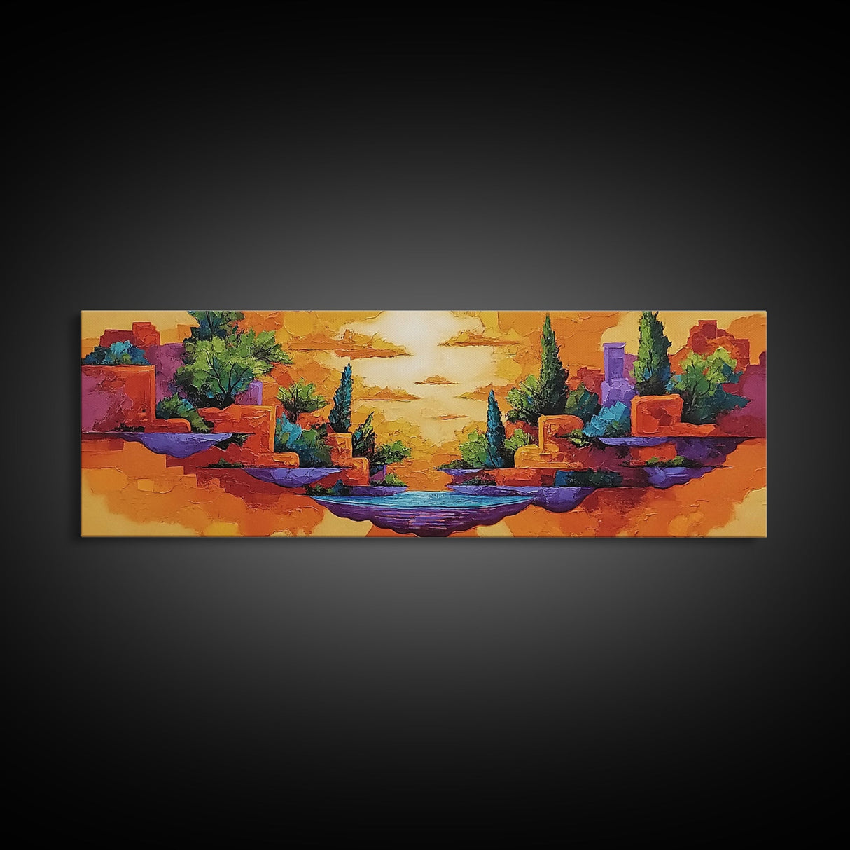 Sunset Islands, Floating World, Fantasy Village, Framed Canvas Print, Whimsical Wall Art, Eclectic Home Decor, Surreal Landscape Art