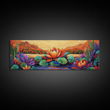 Lotus Bloom, Tranquil Pond, Sunset Flowers, Framed Canvas Print, Zen Wall Art, Yoga Studio Decor, Nature Inspired Floral Painting