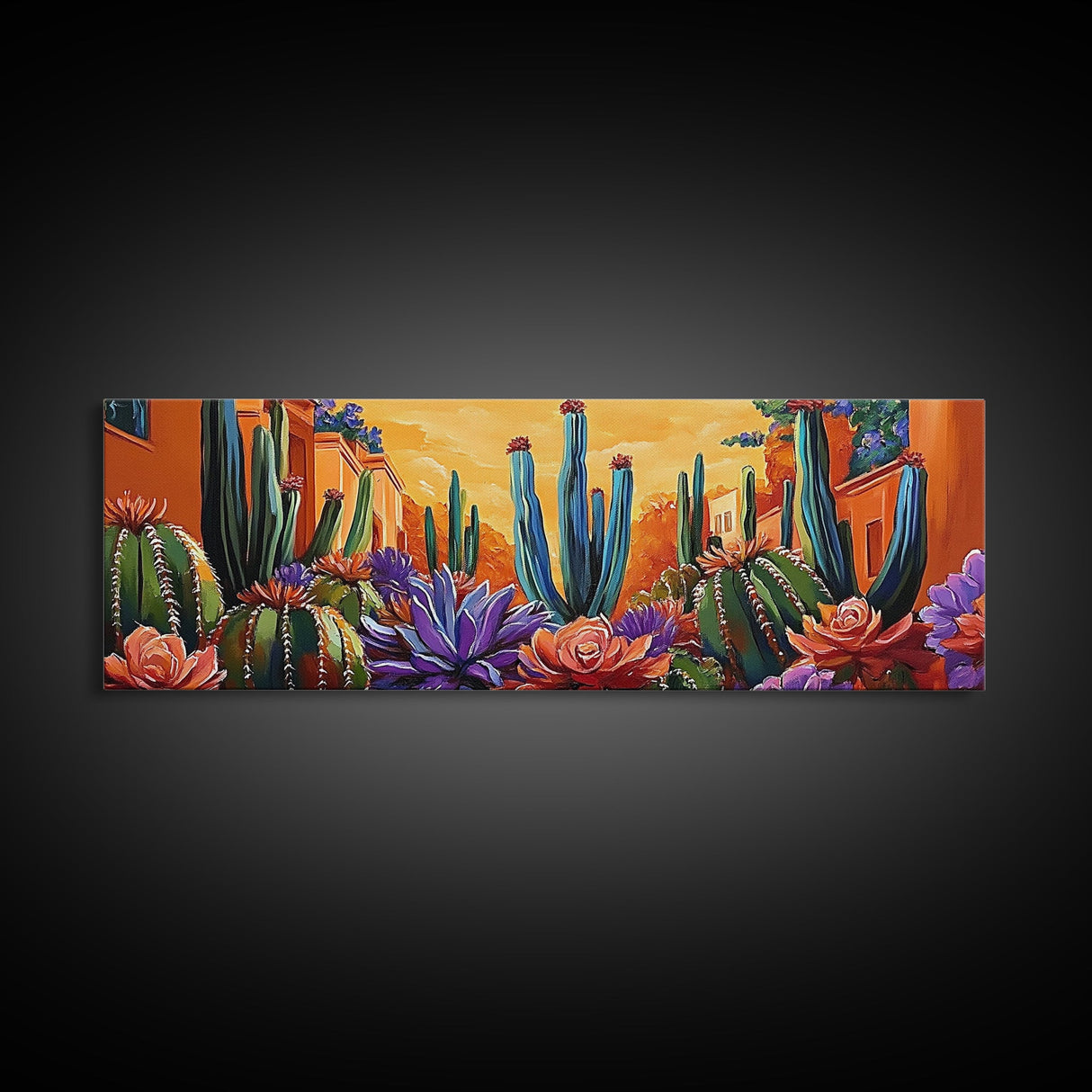 Desert Garden Magic, Colorful Cactus Landscape, Urban Nature Art, Framed Canvas Print, Living Room Southwest Decor, Boho Sunset Wall Art