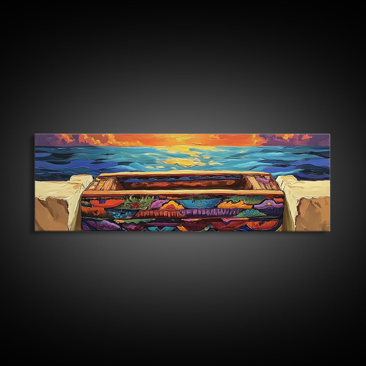 Sunset Pier, Ocean Horizon, Bold Seascape, Framed Canvas Print, Beach House Wall Art, Coastal Dining Room Decor, Vibrant Nautical Art
