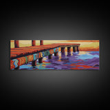 Vibrant Dock Sunset, Painted Pier, Ocean Reflections, Warm Horizon, Framed Canvas Print, Beach House Wall Art, Nautical Scene