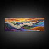 Crashing Waves, Vibrant Seascape, Ocean Energy, Coastal Sunset, Framed Canvas Print, Beach House Decor, Modern Nautical Art