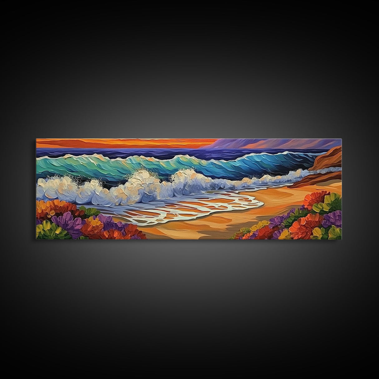 Crashing Waves, Sunset Sea, Bold Ocean Art, Framed Canvas Print, Vibrant Beach Wall Decor, Bathroom Nautical Theme, Color Splash Style