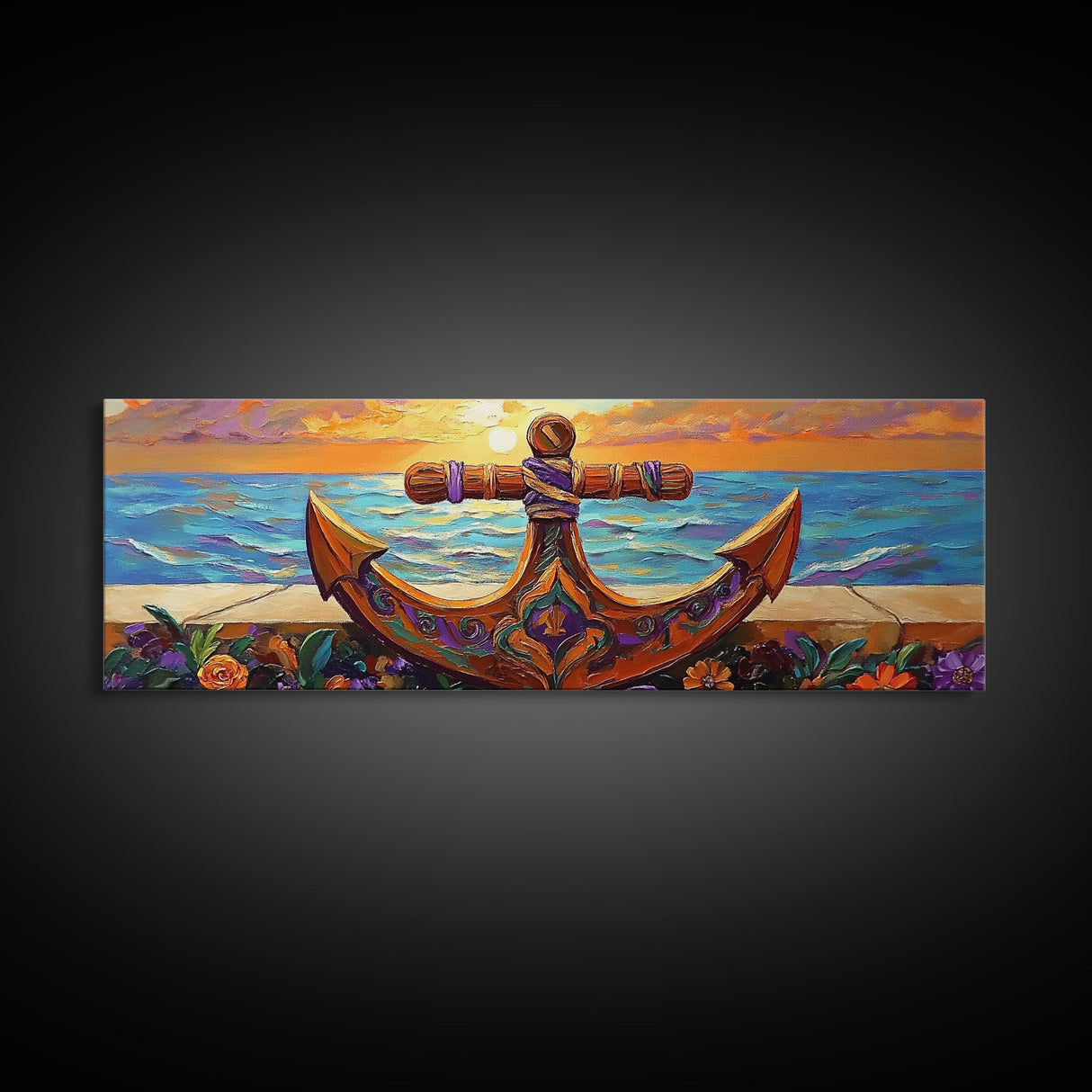 Anchor Seaside Art, Nautical Sunset, Framed Canvas Print, Coastal Home Decor, Ocean Lover Gift, Beach Living Room Wall Art