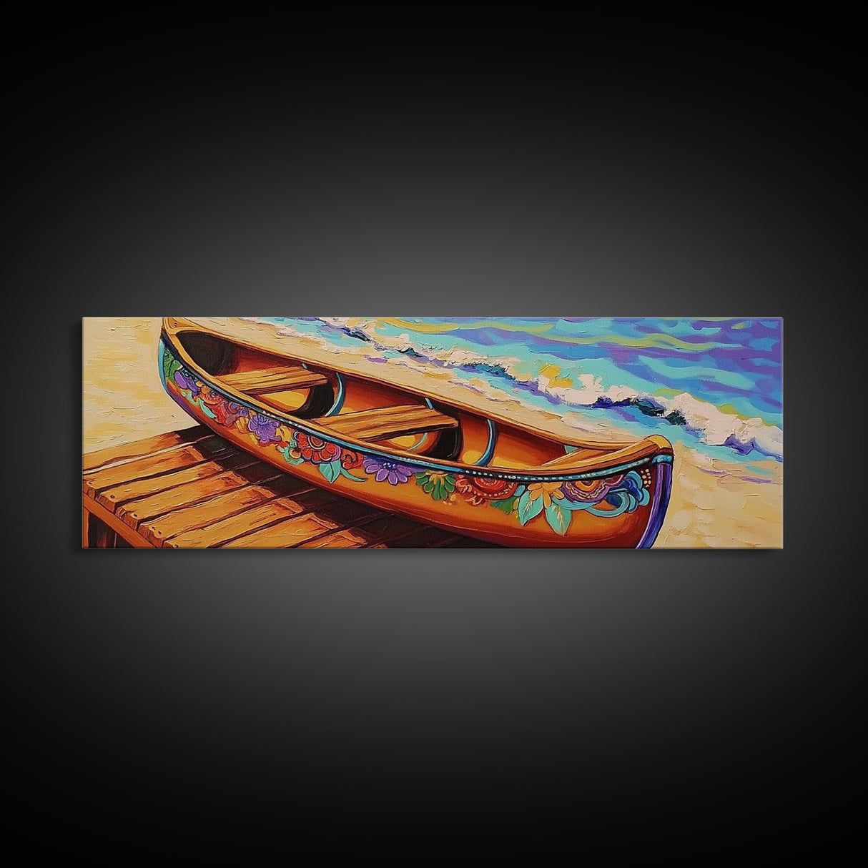 Floral Canoe Painting, Beachside Dock Art, Coastal Decor Accent, Canvas Print, Nautical Wall Art, Boho Beach House Living Room