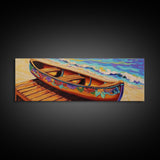 Floral Canoe Painting, Beachside Dock Art, Coastal Decor Accent, Canvas Print, Nautical Wall Art, Boho Beach House Living Room