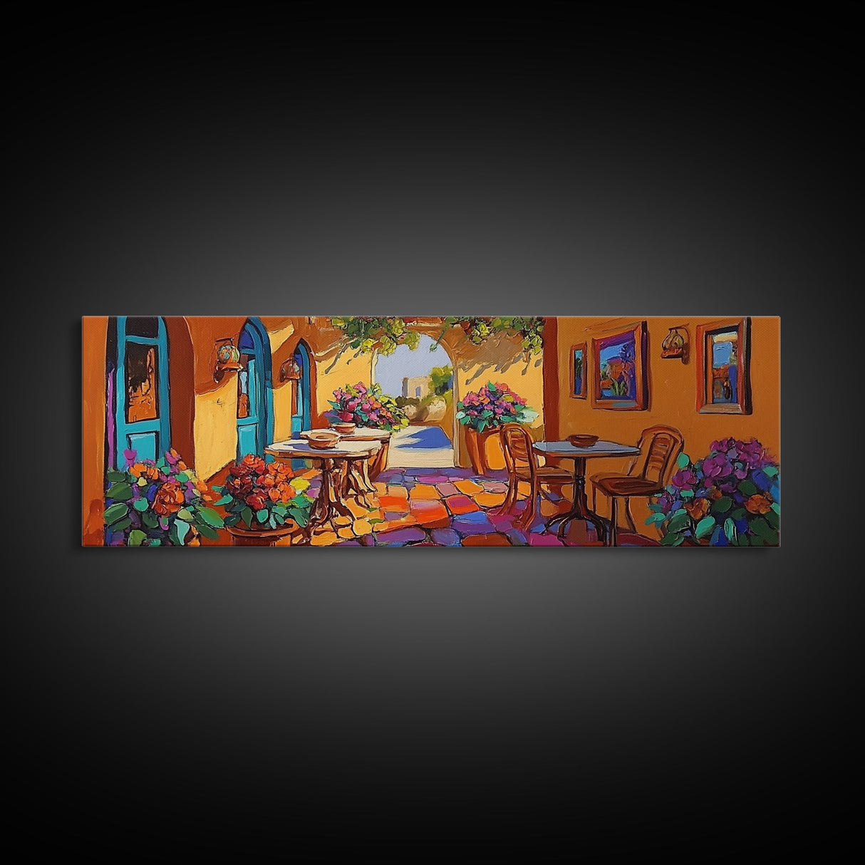 Mediterranean Patio Vibe, Colorful Courtyard Painting, Rustic Garden View, Framed Canvas Print, Kitchen Wall Art, Tuscan Style Decor