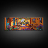 Mediterranean Patio Vibe, Colorful Courtyard Painting, Rustic Garden View, Framed Canvas Print, Kitchen Wall Art, Tuscan Style Decor