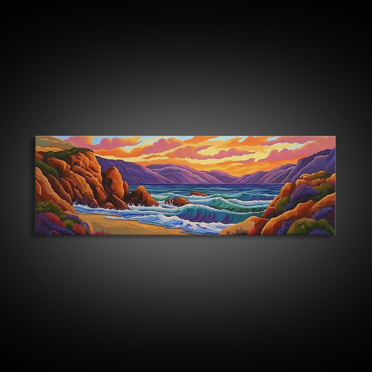 Sunset Coastal Waves, Bold Seascape Painting, Vibrant Ocean Scene, Framed Canvas Print, Beach Wall Art, Nautical Living Room Decor