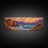 Sunset Coastal Waves, Bold Seascape Painting, Vibrant Ocean Scene, Framed Canvas Print, Beach Wall Art, Nautical Living Room Decor