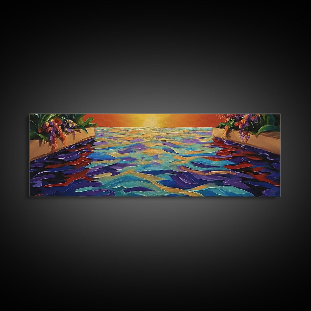 Sunset Infinity Pool, Tropical Water Reflection, Vibrant Resort View, Canvas Print, Bathroom Wall Art, Dreamy Landscape, Modern Art