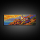 Lighthouse View, Ocean Sunset, Seaside House, Framed Canvas Print, Beach Coastal Decor, Nautical Living Room Art, Bold Color Art