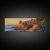 Seaside Villas, Coastal Cliff, Ocean Sunset, Framed Canvas Print, Beach House Art, Colorful Home Decor, Bold Tropical Landscape Art
