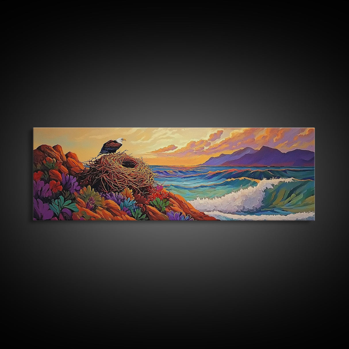 Eagle Nest Painting, Coastal Wildlife Scene, Framed Canvas Print, Ocean View Wall Art, Nature Lover Decor, Office or Living Room
