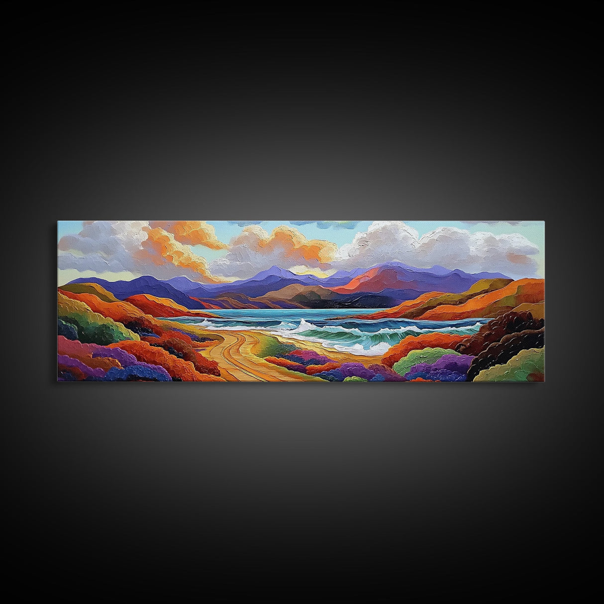 Colorful Mountains, Ocean Road, Vibrant Sunset, Framed Canvas Print, Scenic Nature Wall Art, Coastal Living Room Decor, Bold Art