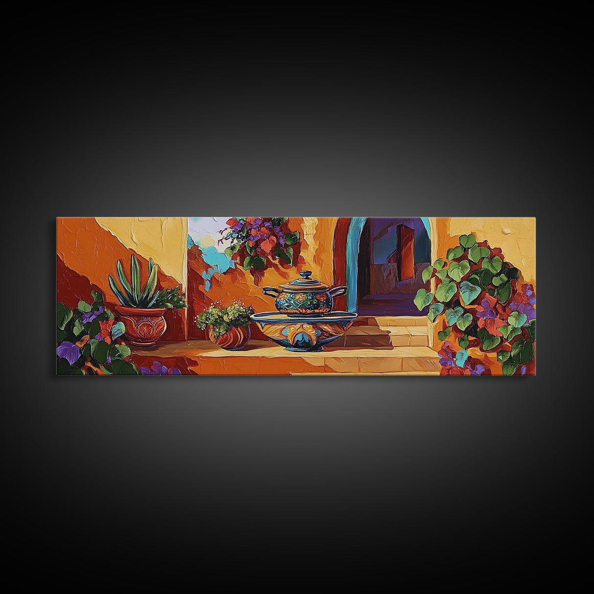 Mexican Pottery, Rustic Charm, Colorful Courtyard, Desert Plants, Framed Canvas Print, Kitchen Wall Art, Boho Decor, Spanish Style Art