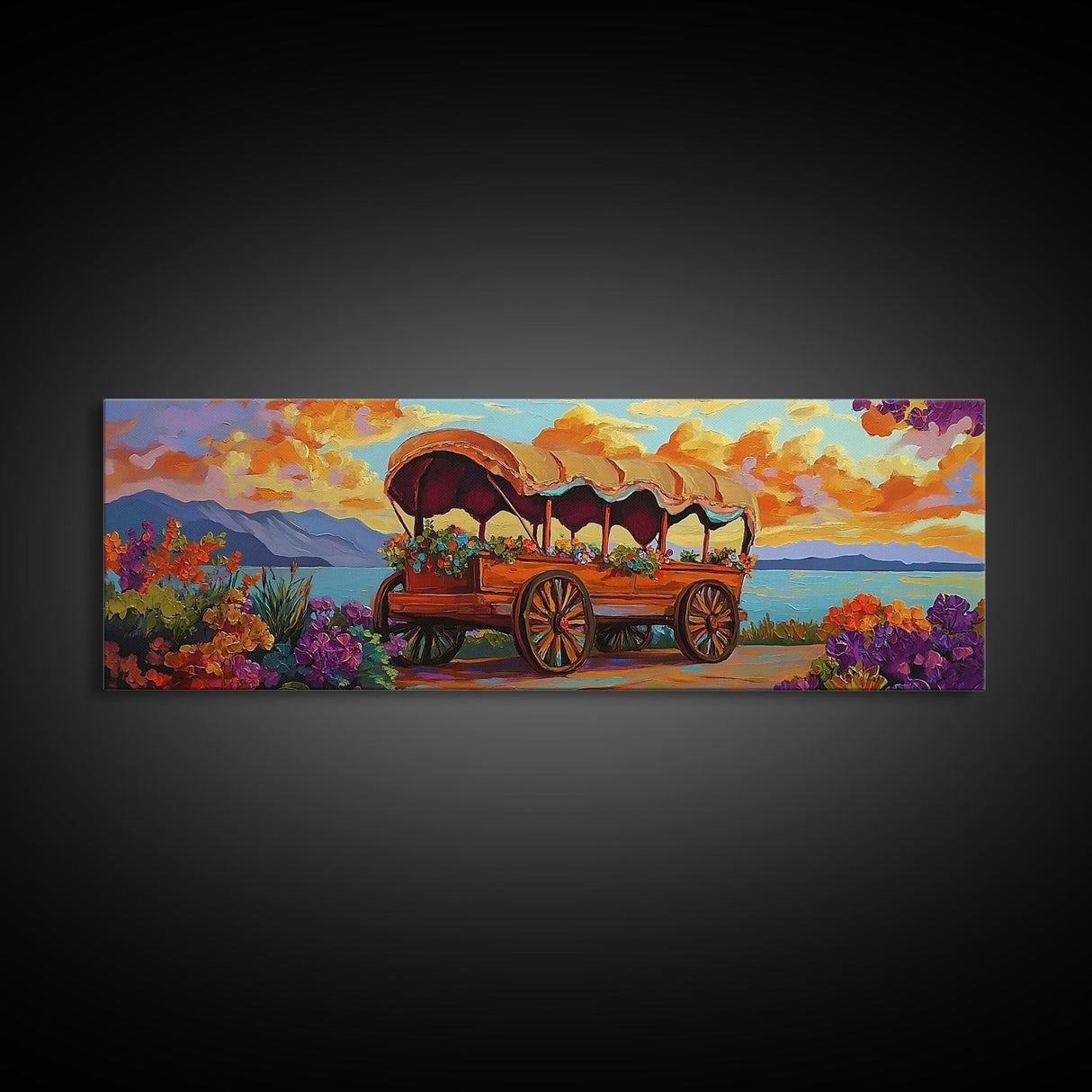Flower Wagon, Sunset Trail, Wildflower Garden, Rustic Charm, Framed Canvas Print, Autumn Wall Art, Living Room Decor, Country Farmhouse Art