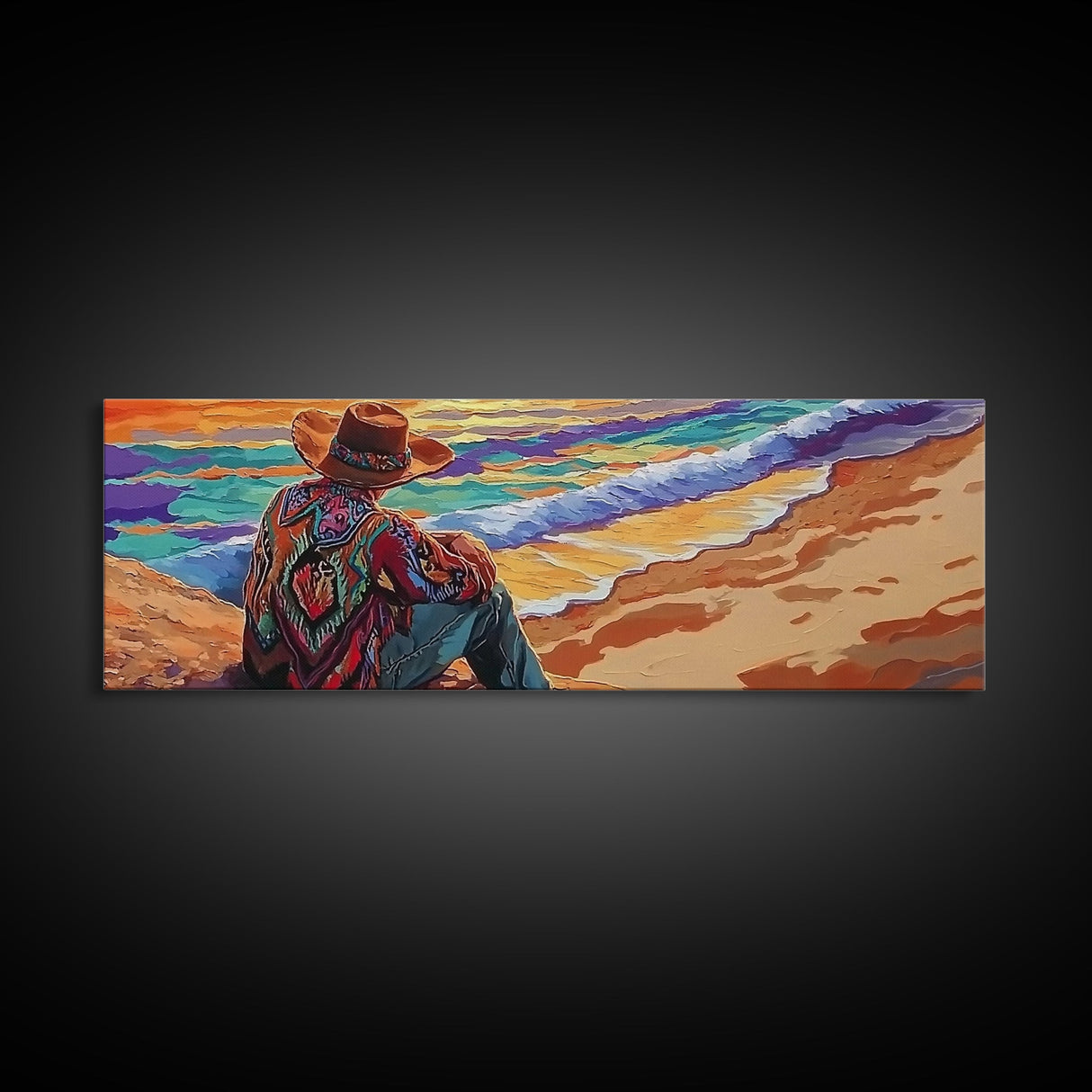 Coastal Cowboy, Ocean View, Serene Sunset, Western Art, Canvas Print, Living Room Wall Art, Southwestern Vibes, Beach Cowboy Scene