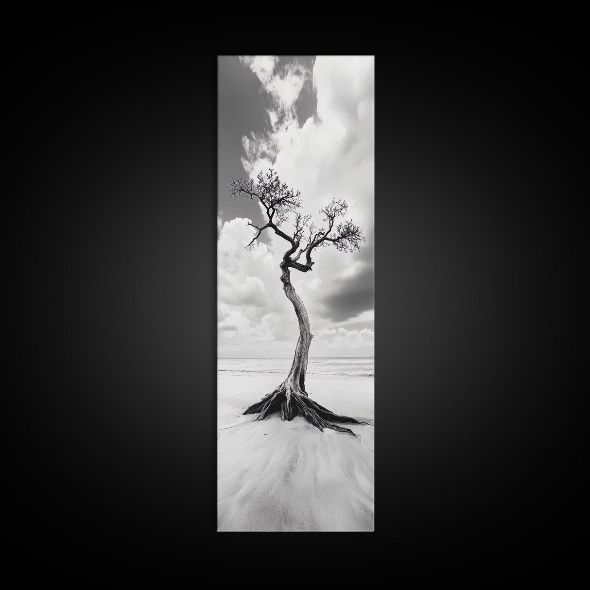 Solitary Tree, Beach Art, Surreal Landscape, Moody Wall Decor, Framed Canvas Print, Meditation Room Art, Monochrome Nature Style