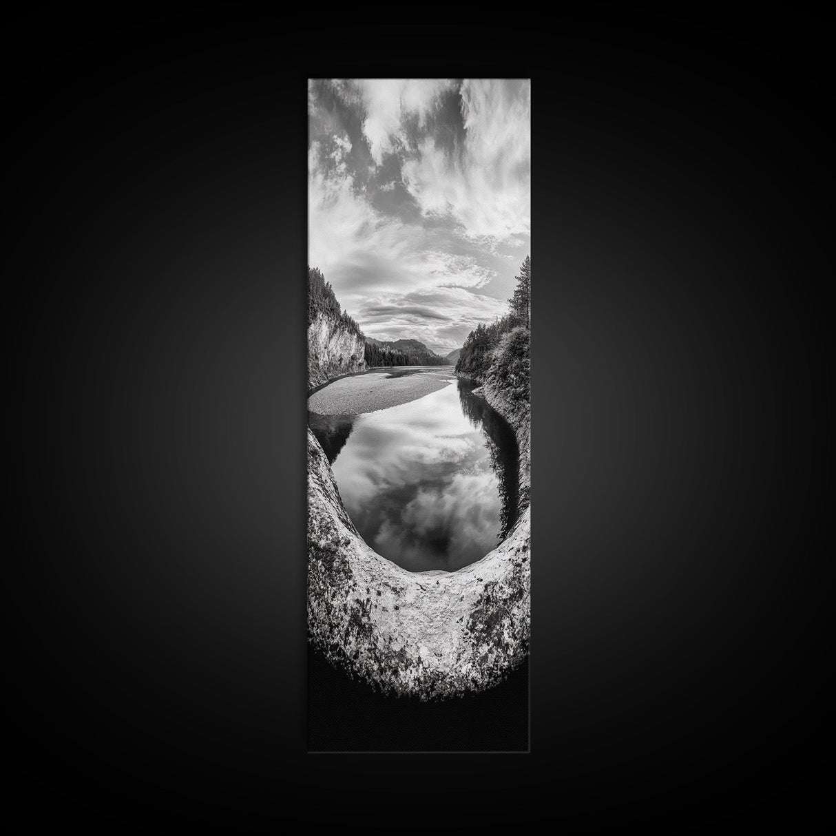 Black and White River, Forest Nature Scene, Reflection Wall Art, Framed Canvas Print, Neutral Landscape, Minimalist Bedroom Decor
