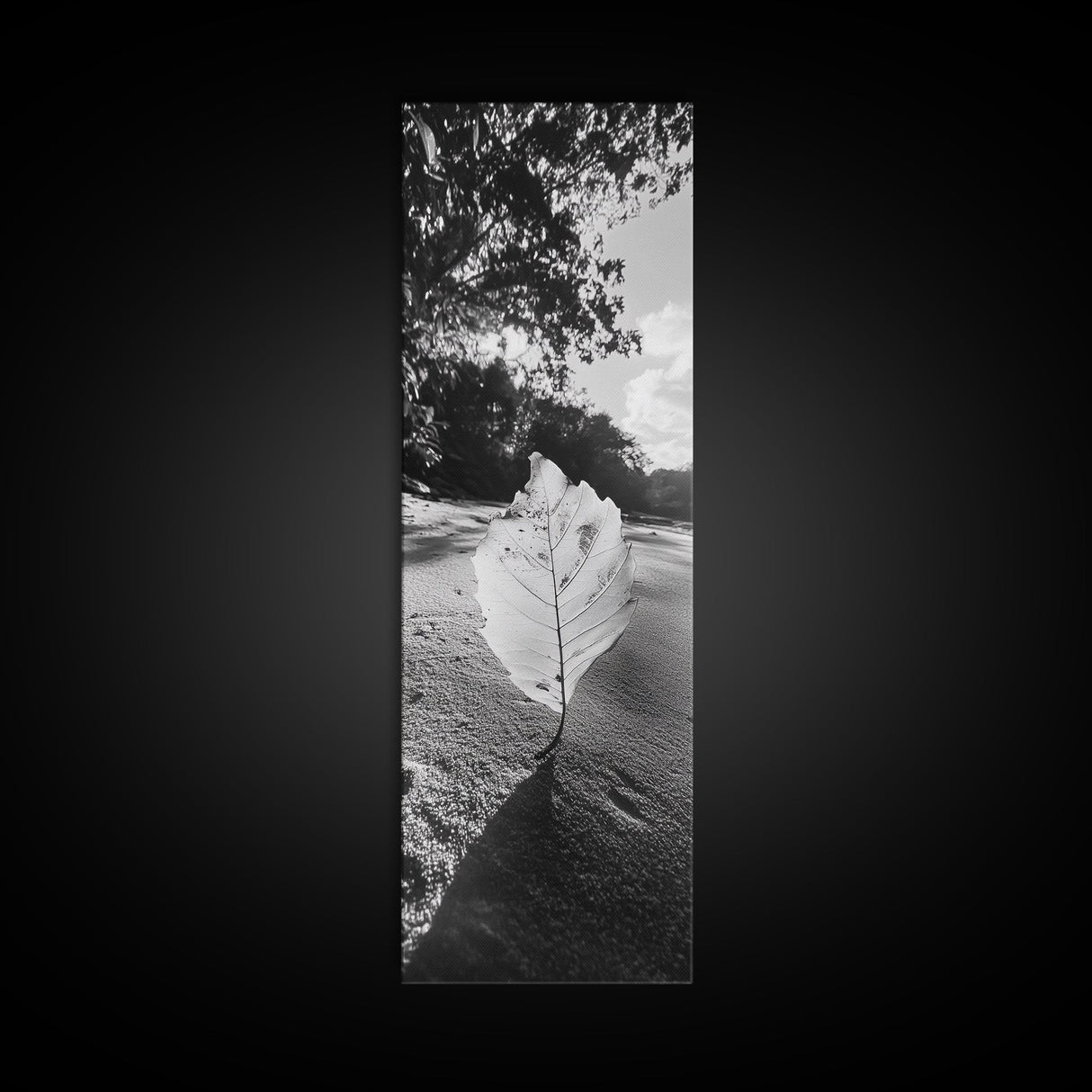 Autumn Leaf Beach, Fall Nature Scene, Minimal Wall Decor, Framed Canvas Print, Seasonal Bedroom Art, Black and White Photography