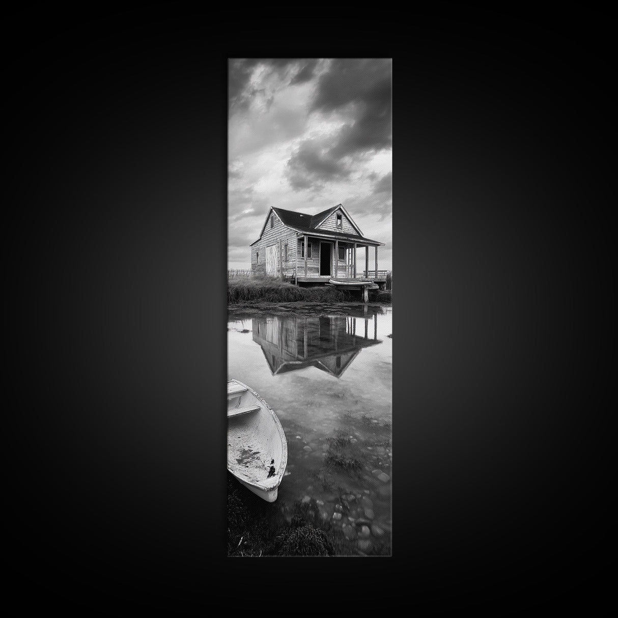 Weathered House, Abandoned Shack, Reflection Lake, Framed Canvas Print, Rustic cabin wall art, Fall entryway decor, Moody farmhouse aesthetic