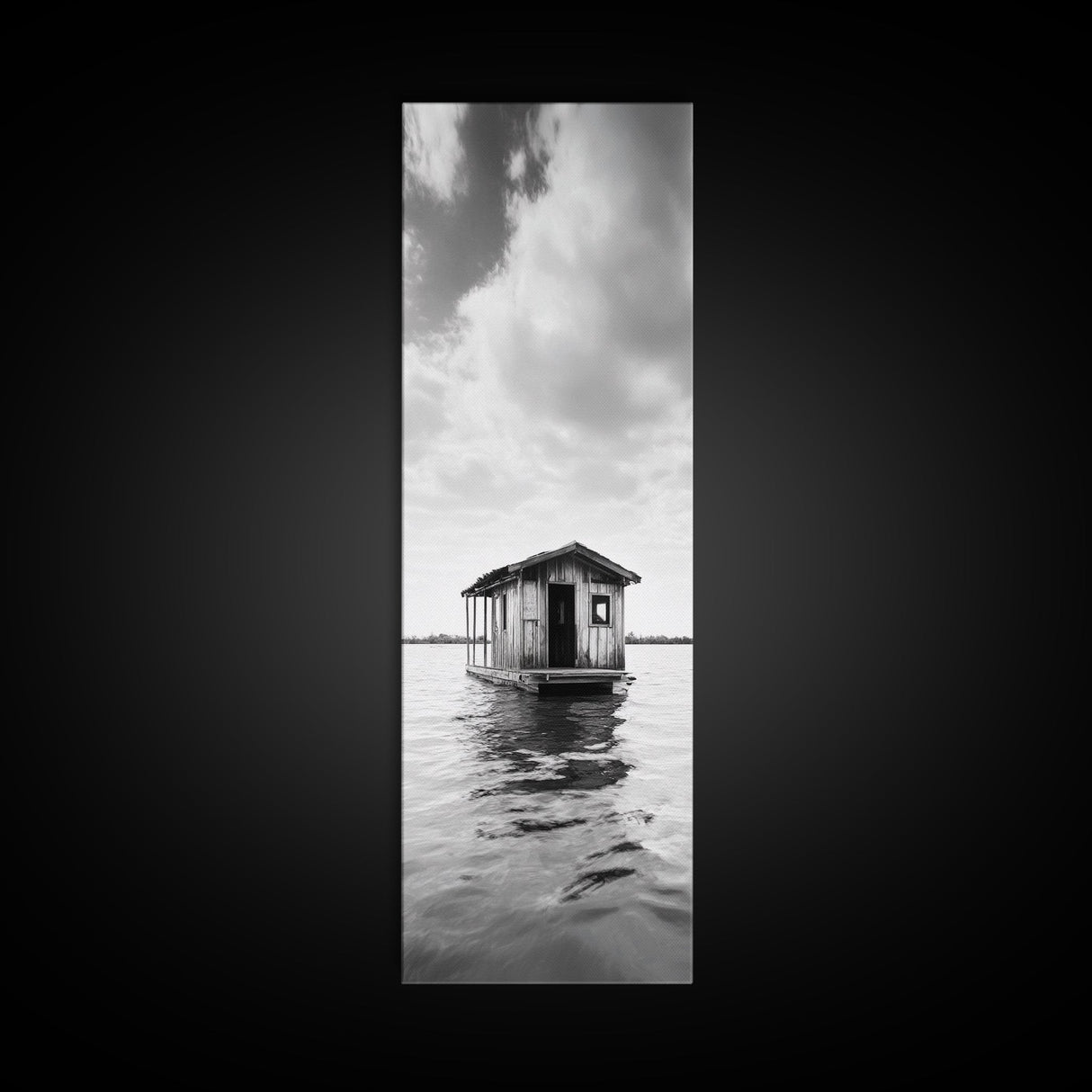 Floating Cabin, Water House, Tranquil Escape, Framed Canvas Print, Serene lake house wall art, Cabin decor, Nature minimalist bathroom print