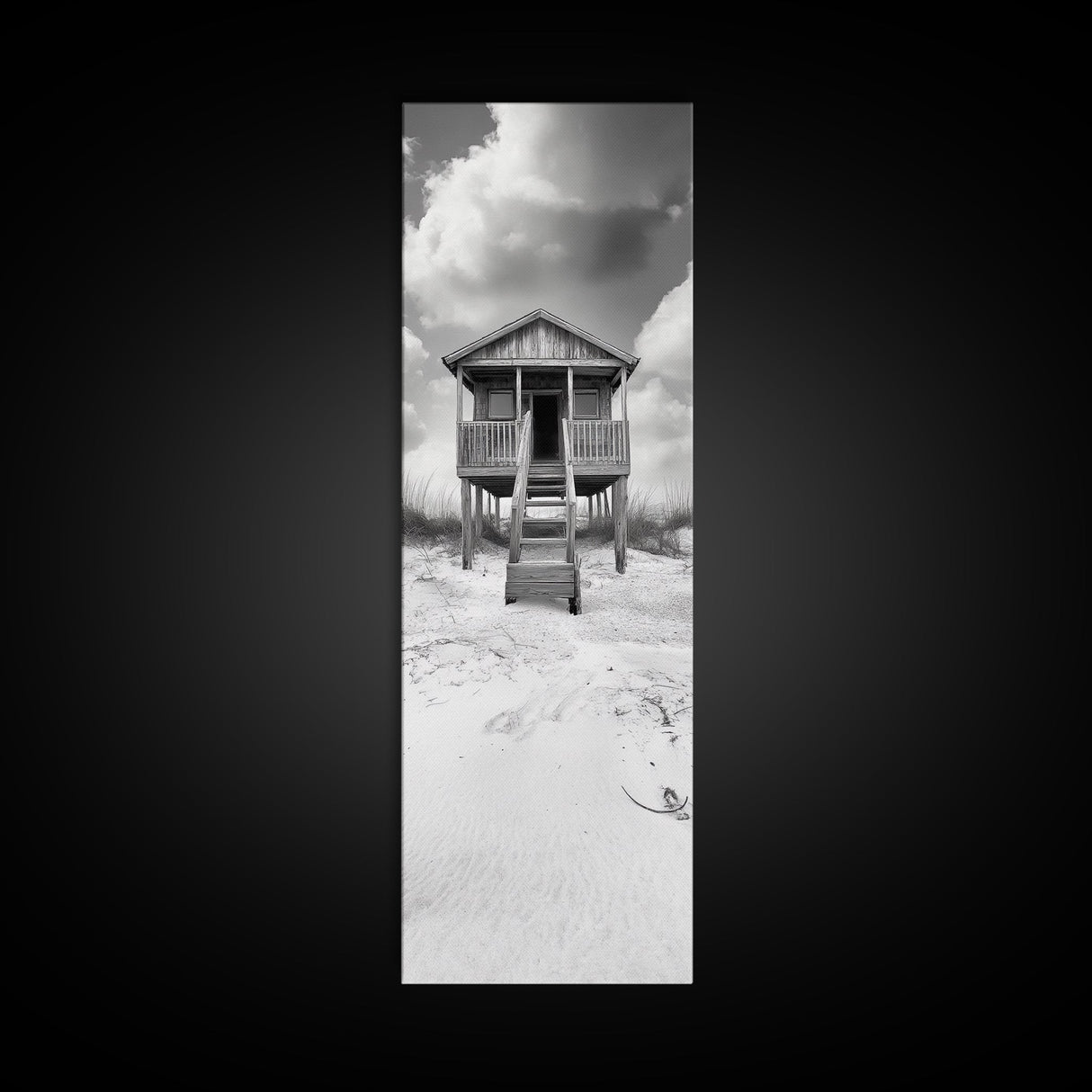 Beachfront Cabin, Rustic Shack, Seaside Simplicity, Cloudy Sky, Island Life, Framed Canvas Print, Entryway Wall Art, Coastal Farmhouse Decor