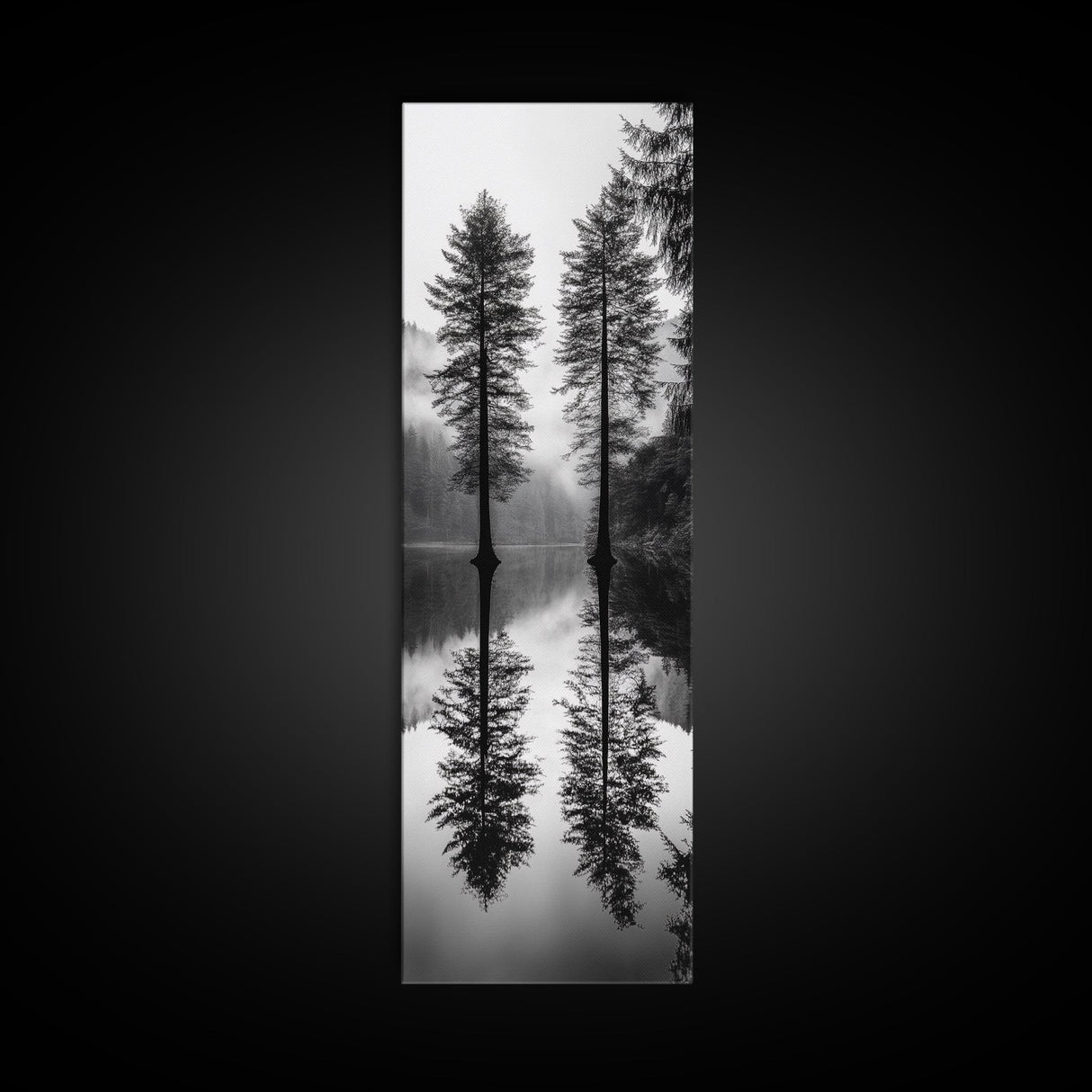 Twin Pines, Forest Reflection, Misty Lake, Black and White Nature, Framed Canvas Print, Living Room Wall Art, Nature Photography, Zen Decor