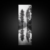 Twin Pines, Forest Reflection, Misty Lake, Black and White Nature, Framed Canvas Print, Living Room Wall Art, Nature Photography, Zen Decor