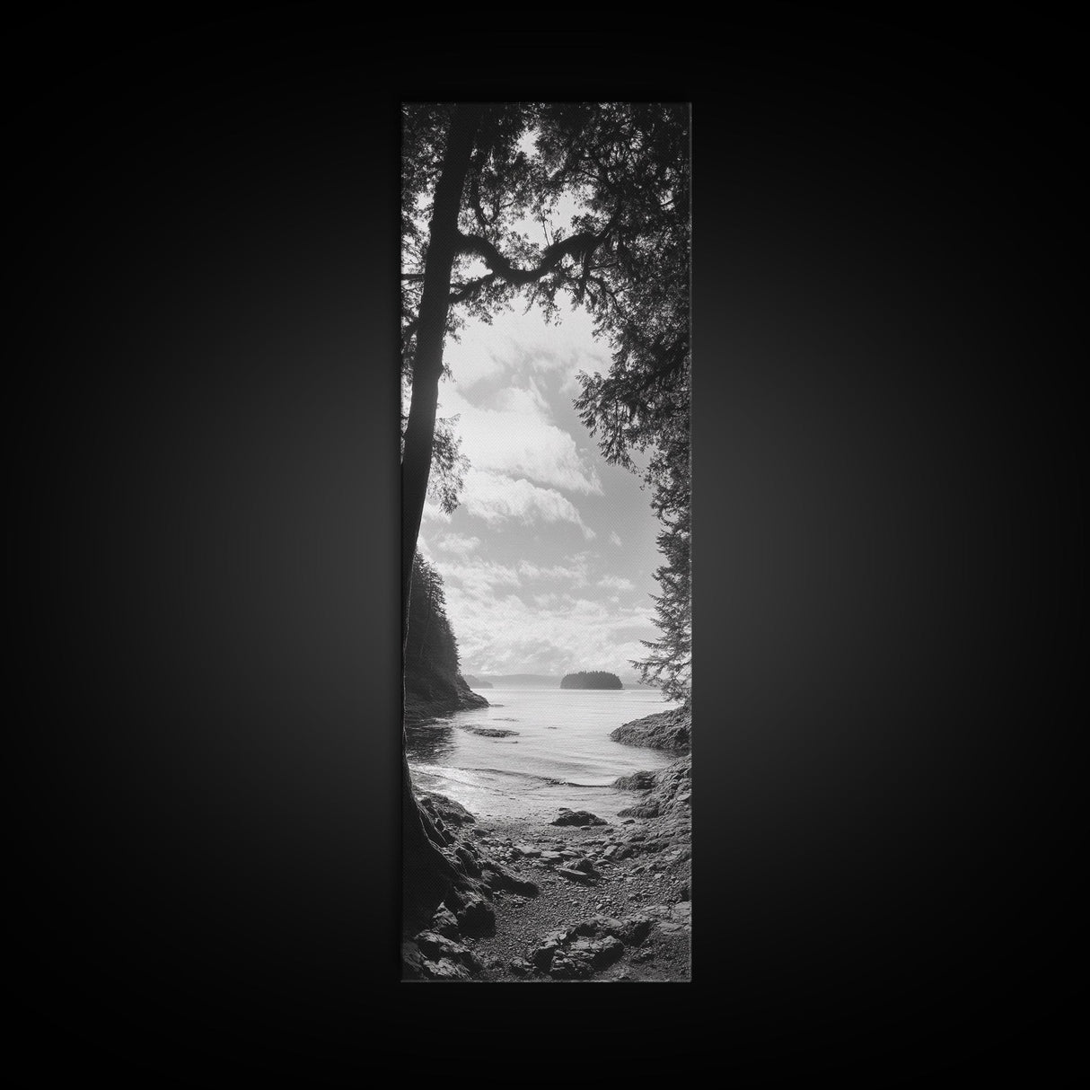 Island View, Forest Coastline, Secluded Shore, Tranquil Ocean Scene, Canvas Print, Boho Decor, Entryway Wall Art, Nature Wall Aesthetic