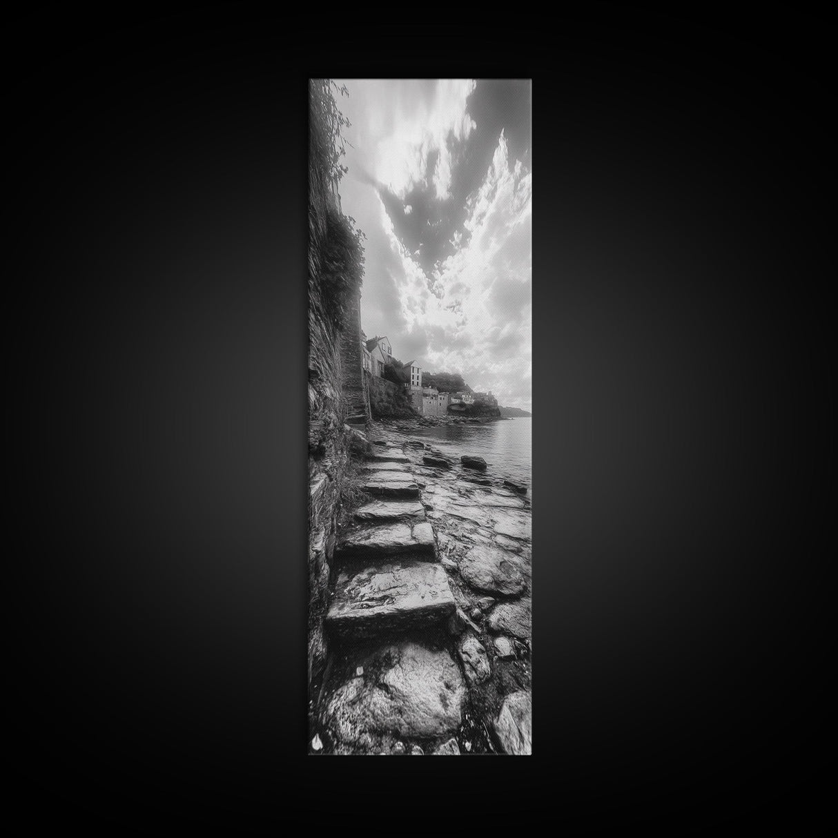 Cliffside Village, Stone Path, Seaside Escape, Dreamy Landscape, Canvas Print, Living Room Wall Art, Romantic Wall Decor, Monochrome Style