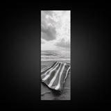 Beach Towel View, Ocean Breeze, Seaside Calm, Striped Blanket, Relaxation Mood, Framed Canvas Print, Bathroom Wall Art, Minimalist Coastal Art