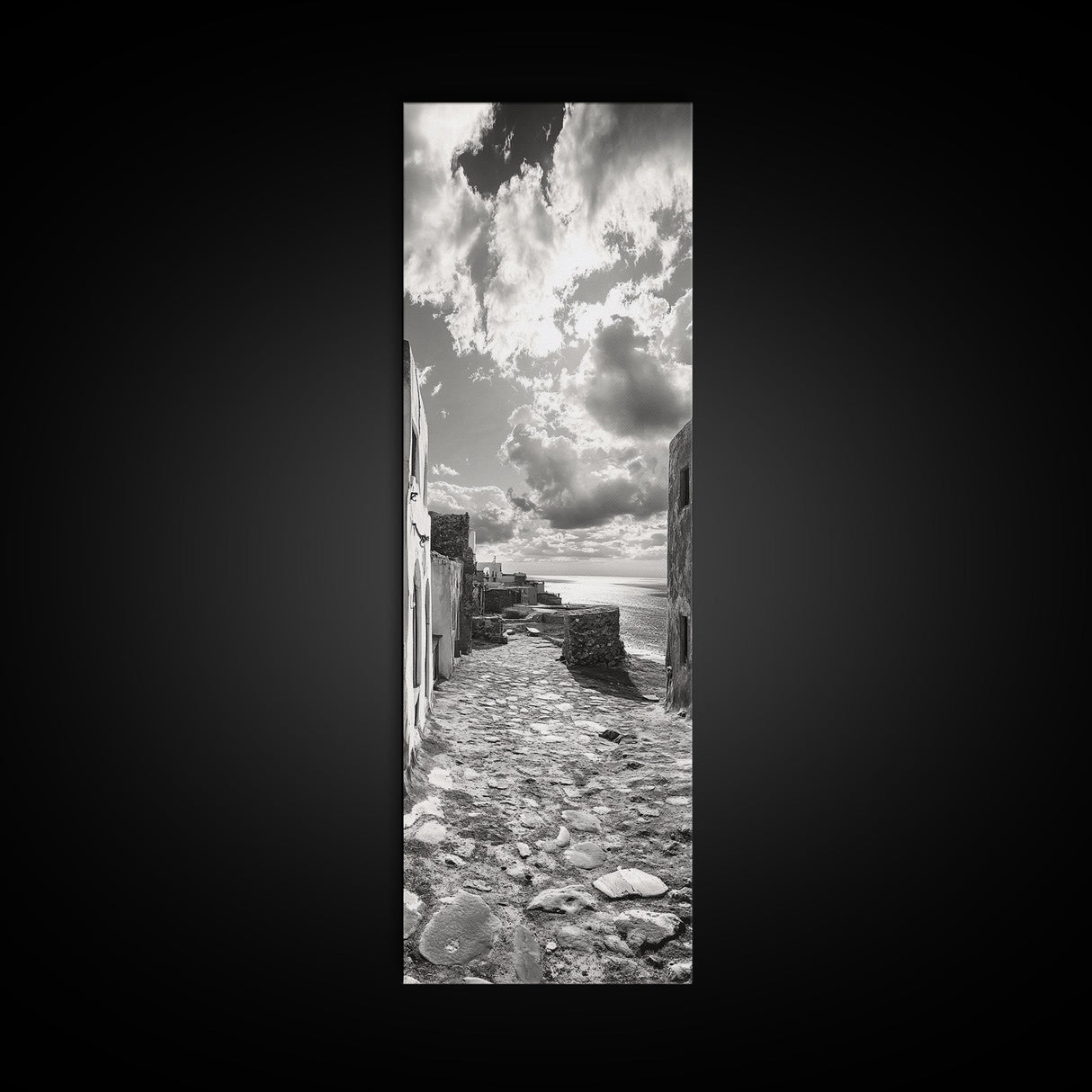Coastal Street, Ocean View, Mediterranean Charm, Monochrome Photography, Framed Canvas Print, Living Room Print, Kitchen Wall Art