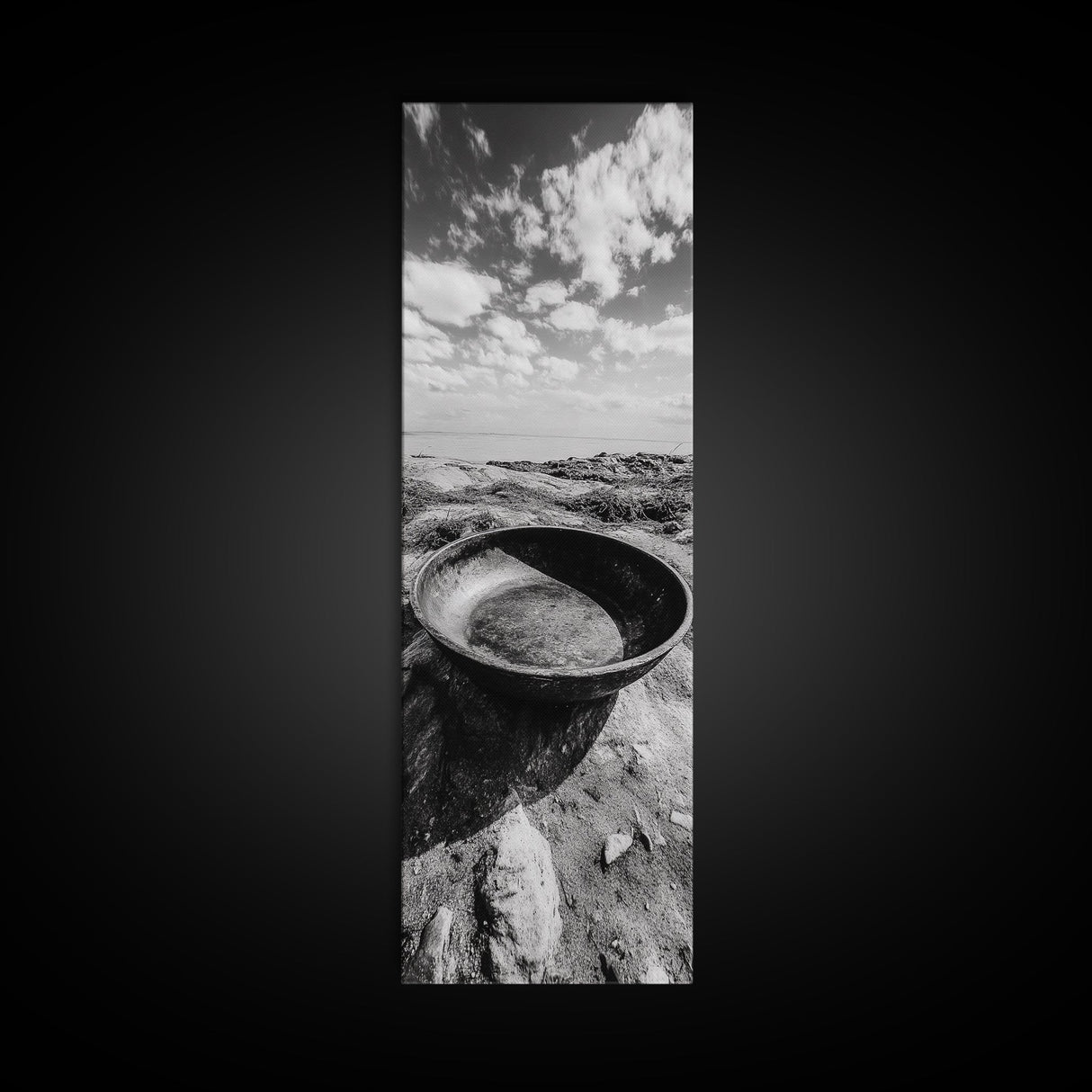 Desert Bowl, Coastal Landscape, Black and White Texture, Minimal Earth Tones, Framed Canvas Print, Rustic Farmhouse Kitchen Wall Art