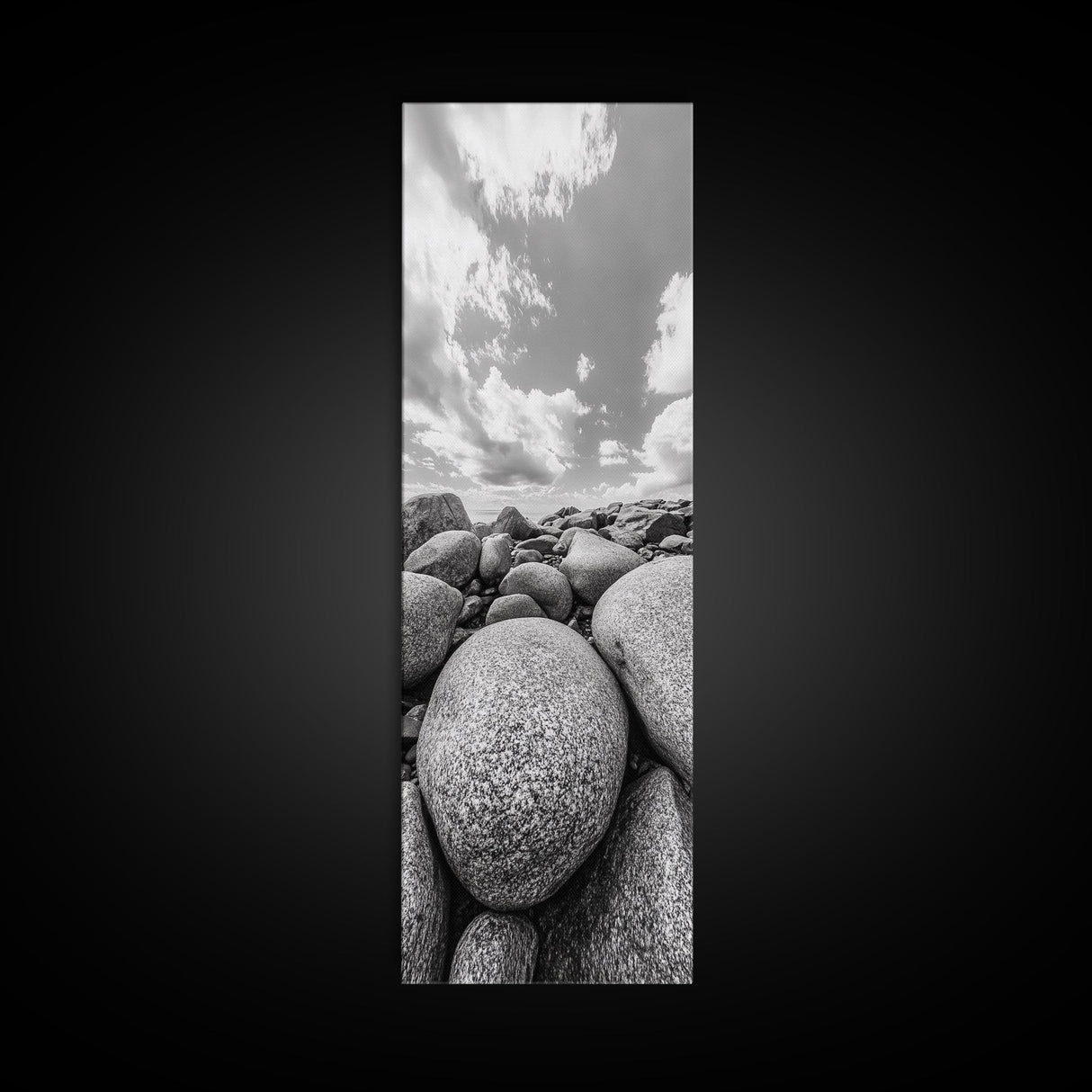 Granite Boulders, Coastal Rocks, Ocean Horizon, Dramatic Clouds, Framed Canvas Print, Nature Wall Art, Modern Beach House Decor