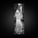 Ocean Cave, Tranquil Waters, Cloudy Sky, Coastal Wall Art, Canvas Print, Black and White Nature Decor, Modern Beach House Wall Art