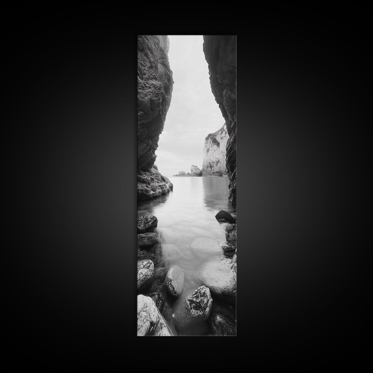 Cliff View, Hidden Bay, Ocean Serenity, Rock Formations, Canvas Print, Black and White Coastal Landscape, Entryway Art, Dining Wall Art