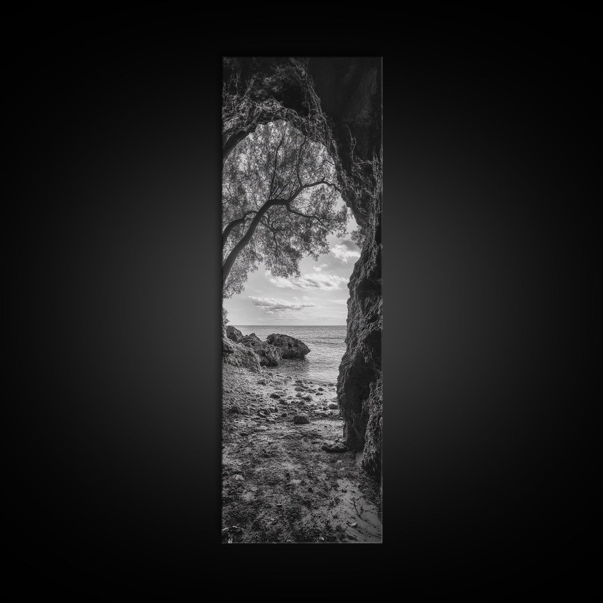 Cave View, Coastal Tree, Ocean Horizon, Black and White Landscape, Canvas Print, Rustic Seaside Art, Living Room Art, Entry Wall Decor