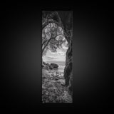Cave View, Coastal Tree, Ocean Horizon, Black and White Landscape, Canvas Print, Rustic Seaside Art, Living Room Art, Entry Wall Decor