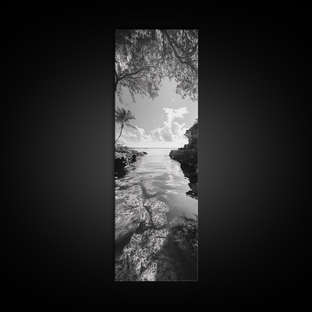 Island Cove, Palm Tree, Peaceful Sea, Tropical Coastline, Black and White Framed Canvas Print, Boho Beach Wall Art, Bathroom Decor