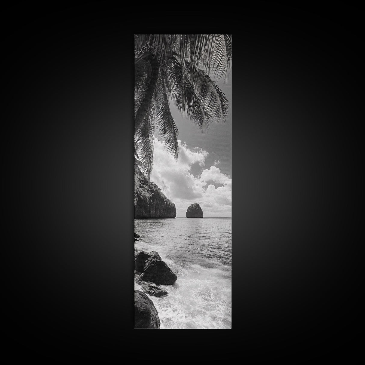 Island View, Palm Shoreline, Tropical Escape, Framed Canvas Print, Beach House Wall Art, Coastal Summer Decor, Zen Ocean Aesthetic