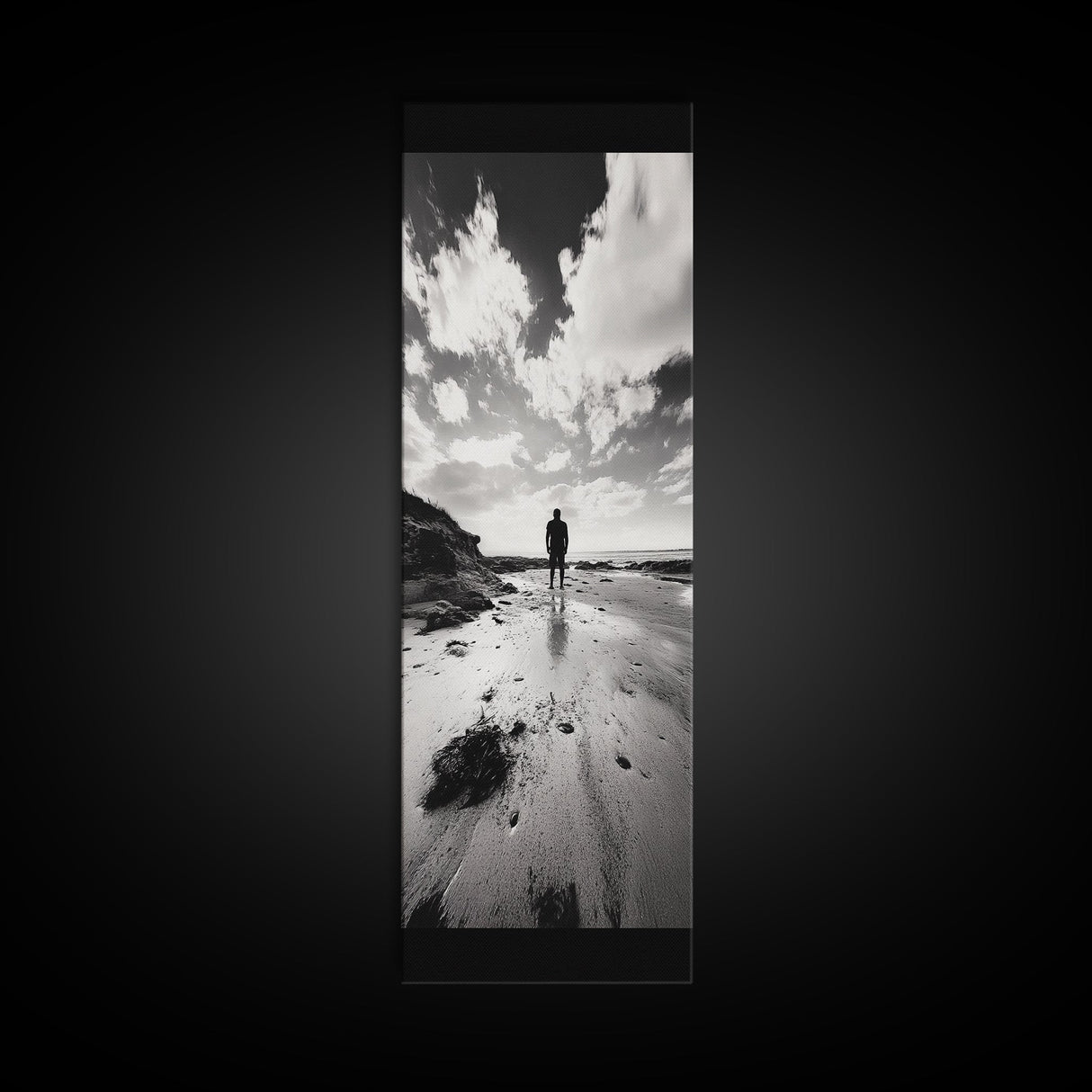 Lone Beach Walker, Dramatic Sky, Ocean Reflections, Solitude Moment, Framed Canvas Print, Hallway Wall Art, Moody Minimalist Decor