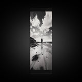 Lone Beach Walker, Dramatic Sky, Ocean Reflections, Solitude Moment, Framed Canvas Print, Hallway Wall Art, Moody Minimalist Decor