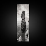 Coastal Rock, Ocean Tower, Nature Photography, Framed Canvas Print, Minimalist Wall Decor, Living Room Wall Art, Black and White Seascape