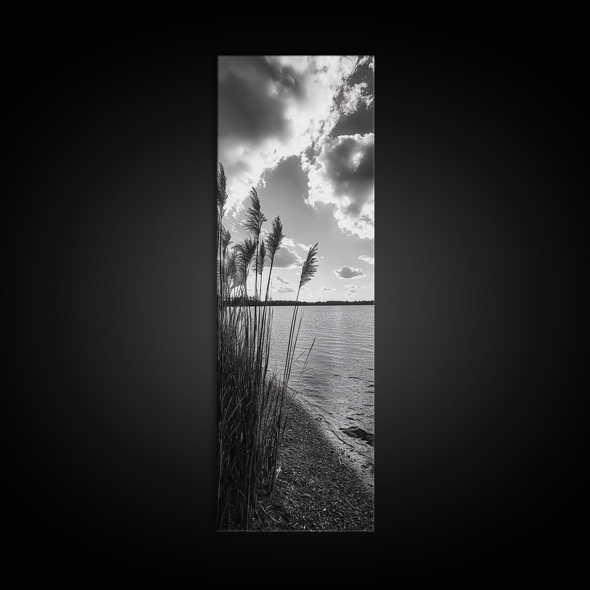Reeds at Sunset, Lake Shoreline, Tranquil Water, Framed Canvas Print, Entryway Wall Art, Autumn Decor, Natural Photography, Neutral Tones