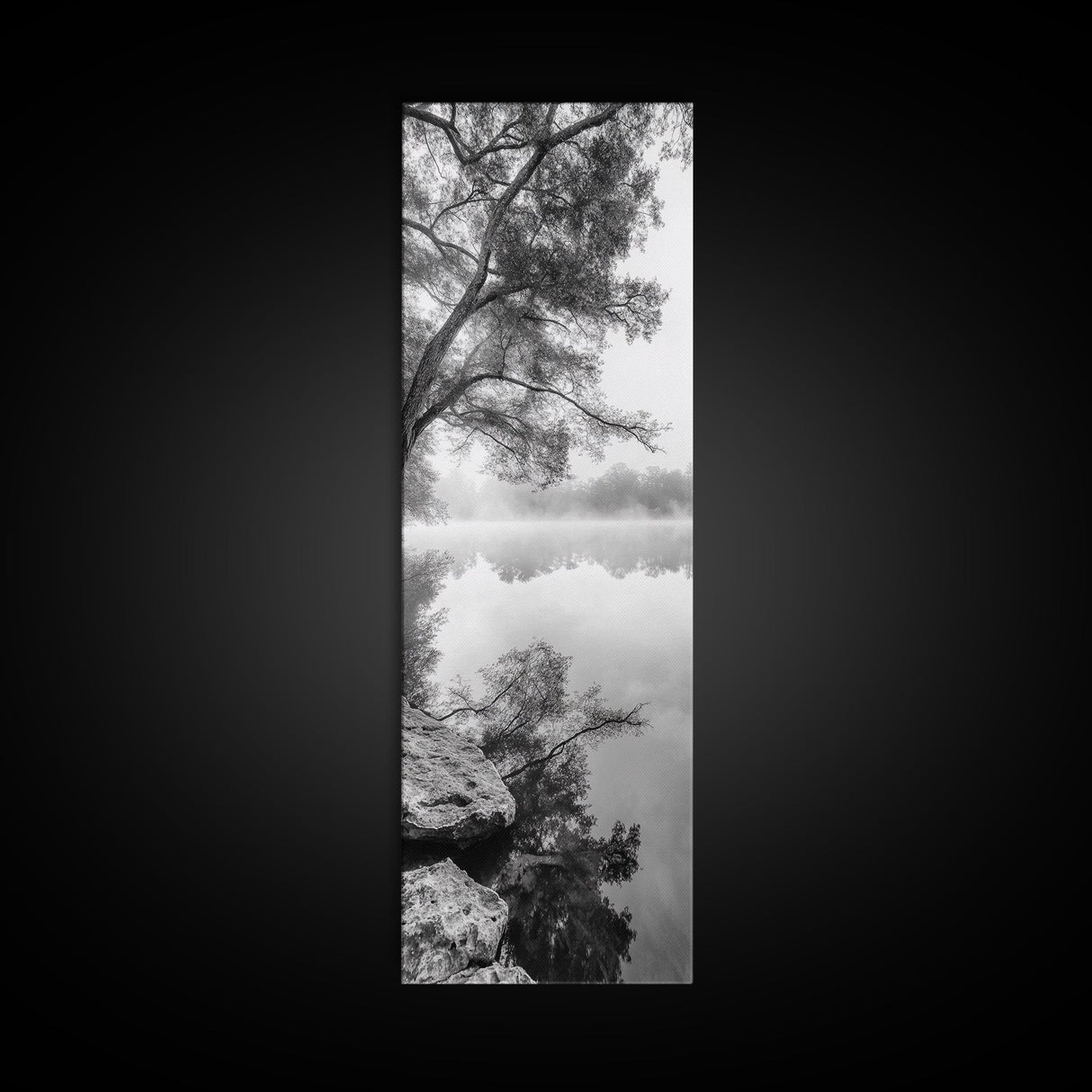 Misty Lake, Tree Reflection, Tranquil Morning, Framed Canvas Print, Bedroom Wall Art, Serene Nature Photography, Minimalist Art Style