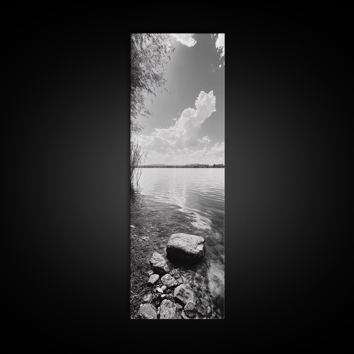 Peaceful Lake, Cloud Reflection, Shoreline Stones, Framed Canvas Print, Guest Room Wall Art, Nature Inspired Decor, Minimalist Landscape