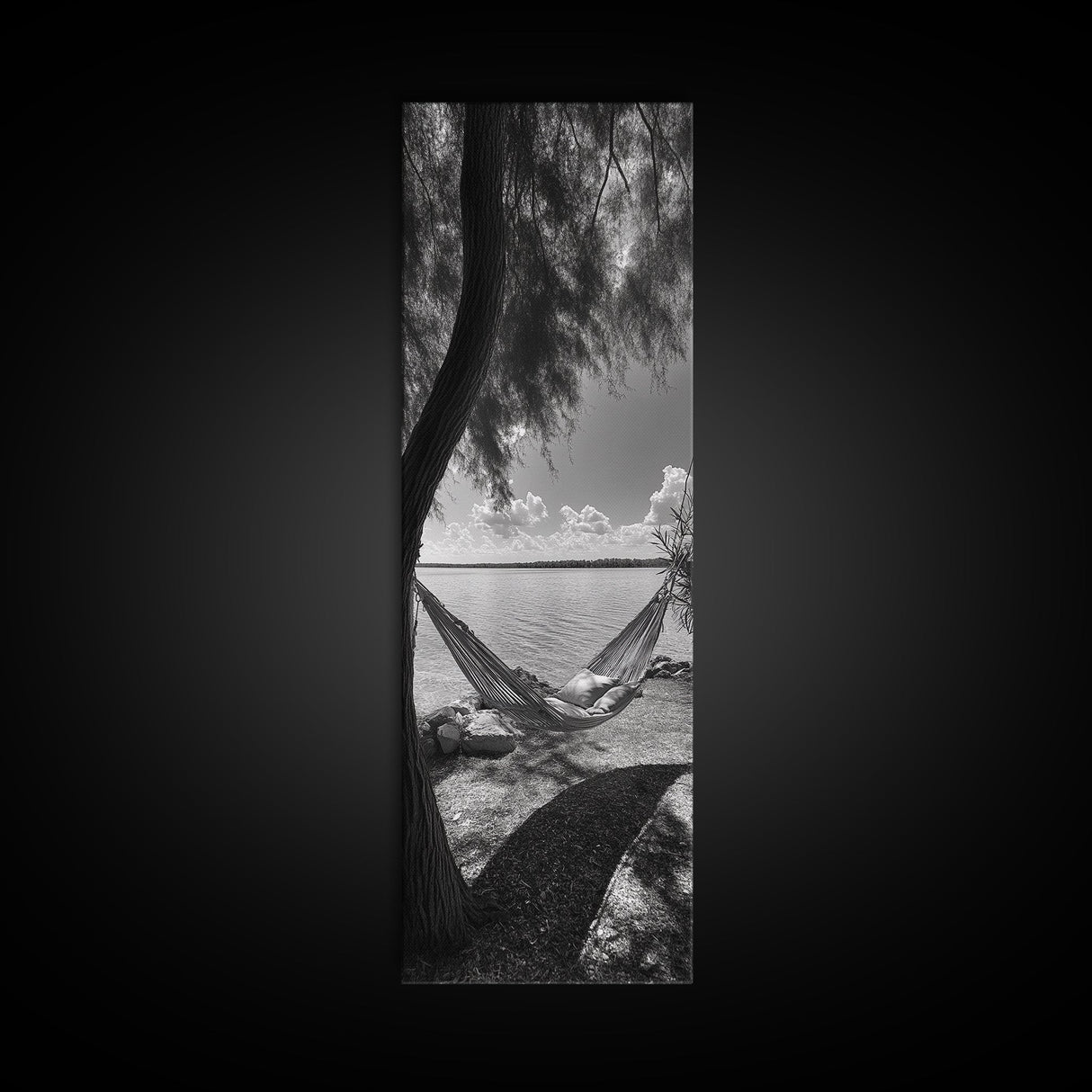 Hammock Dreams, Coastal Rest, Lakeside Retreat, Chill Vibes, Framed Canvas Print, Boho Wall Art, Serene Bedroom Art, Relaxation Inspired Decor